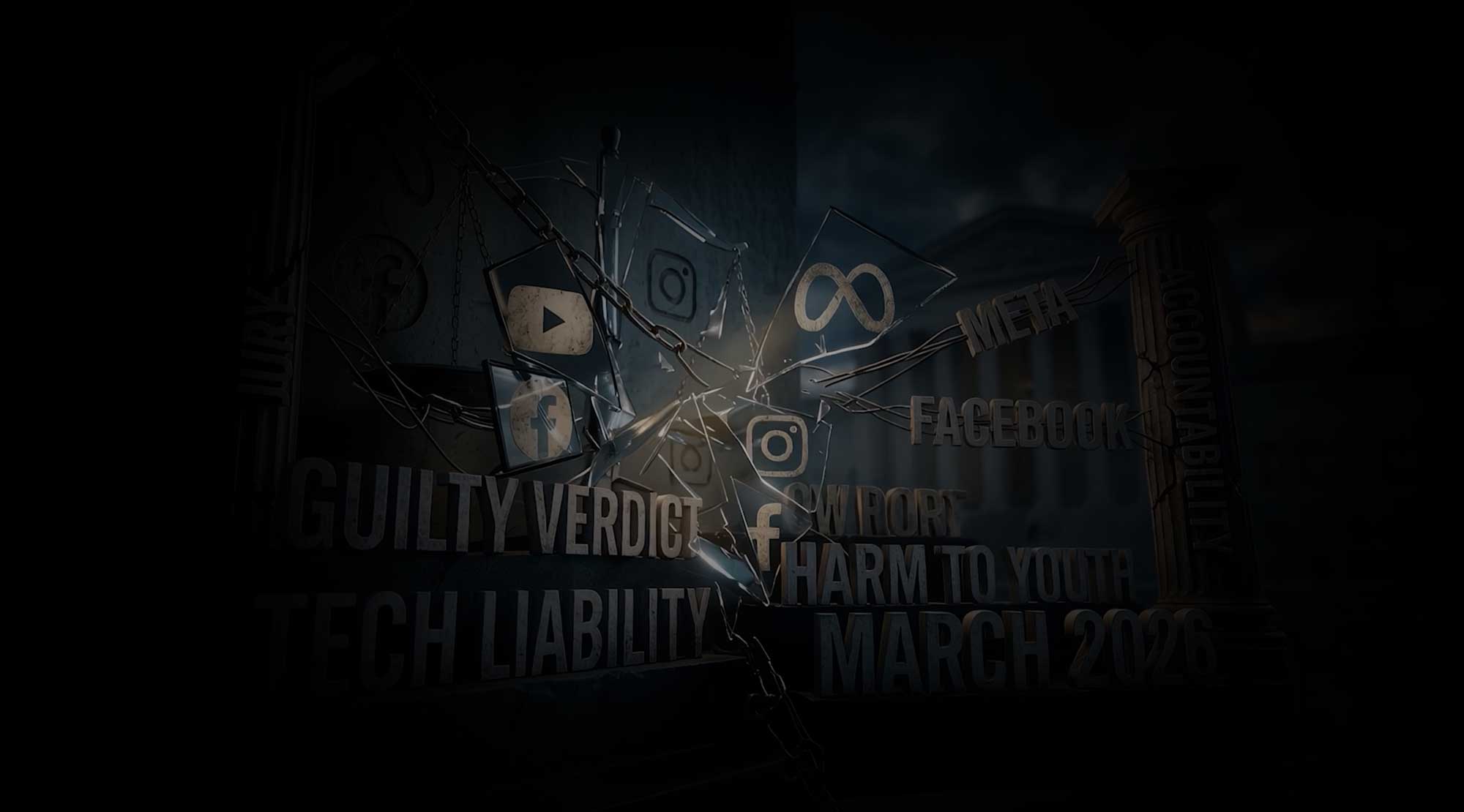 Shattered social media logos wrapped in chains in front of a courthouse, with the words guilty verdict and tech liability